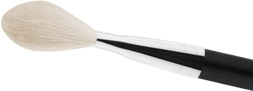Een make-up kwast met een zwart handvat en zachte witte haren.
