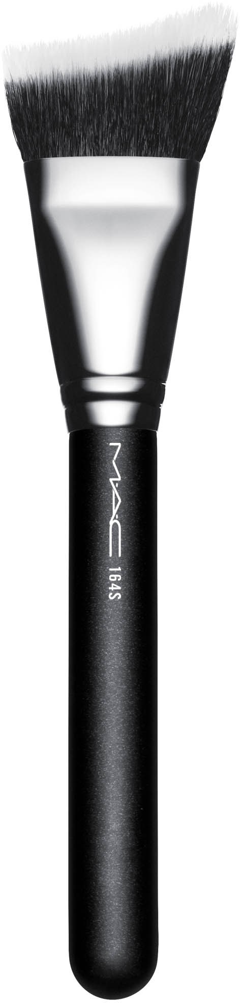 Ein Make-up-Pinsel mit schwarzem Griff und schwarzen und weißen Borsten. Halte hat das Wort MAC.