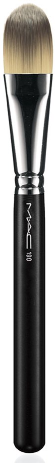 A makeup brush with a black handle and white bristles against a black background.