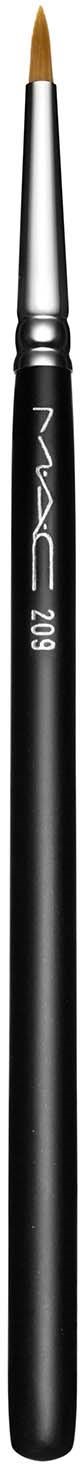 A thin black makeup brush with a silver ferrule and a rounded beige bristle tip.