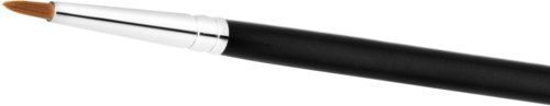 A makeup brush with a silver handle and brown bristles on a black background.