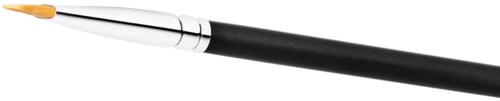 Een dunne zwarte pen met een zilverkleurige punt en een kleine gele borstel, toont voornamelijk het lichaam van de pen.