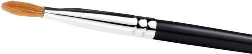A makeup brush with a black handle and brown bristles on a black background.