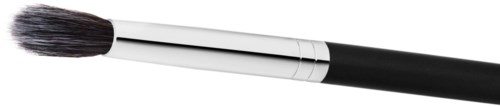A makeup brush with black handle and silver collar, fluffy bristles for applying makeup.