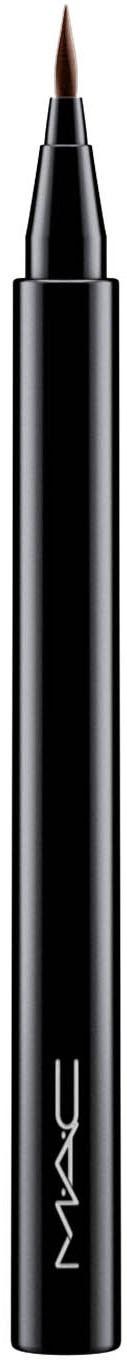 Een zwarte make-up stift met kwastpunt, label zegt MAC, op een zwarte achtergrond.