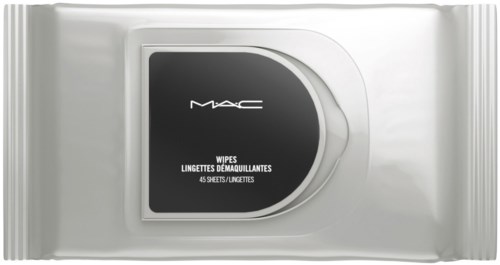 En hvid pakke med MAC makeupservietter med sort mærke, indeholder 45 ark.