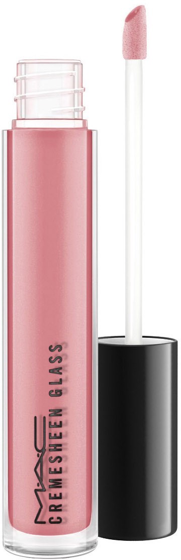 Ett rosa läppglansrör med svart lock och applikator med rosa gloss.