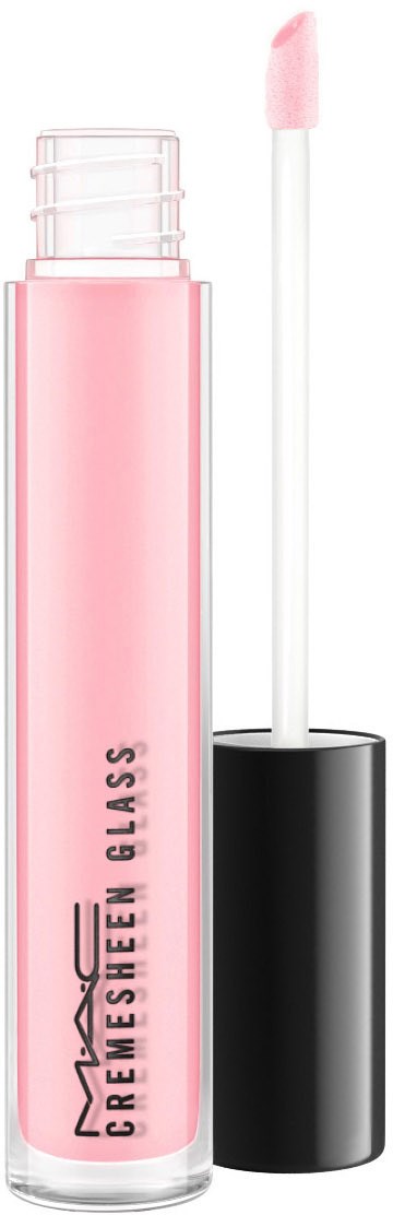Läppglans i rosa med svart lock, borsten är framme. Produkten är från MAC, heter 'Cremesheen Glass.'