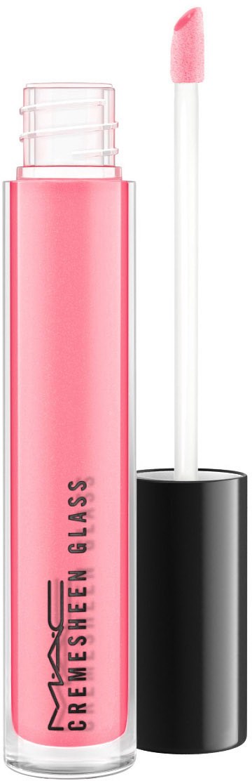 Ett rosa läppglansrör med en vit borste och ett rosa spets, märkt 'CREMESSEEN GLASS' och en svart lock.