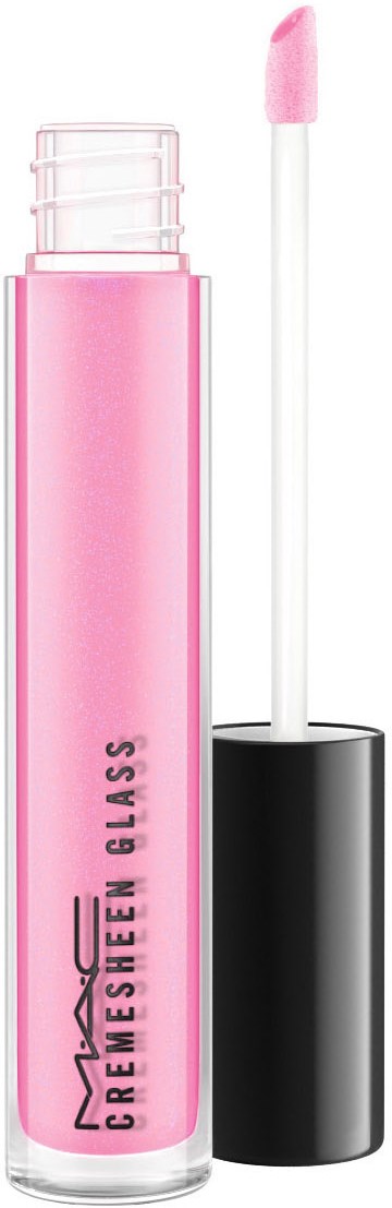 Läppglans i rosa med svart lock och inbyggd applicator. Märket är MAC, kallad Cremesheen Glass.