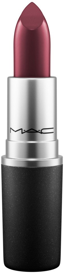 A lipstick in a black and silver case with a pinkish-brown shade. The MAC logo is on the silver part.