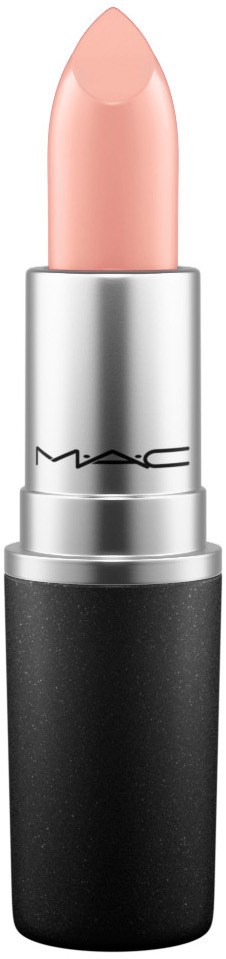 A lipstick tube with a beige-colored lipstick and black and silver packaging.