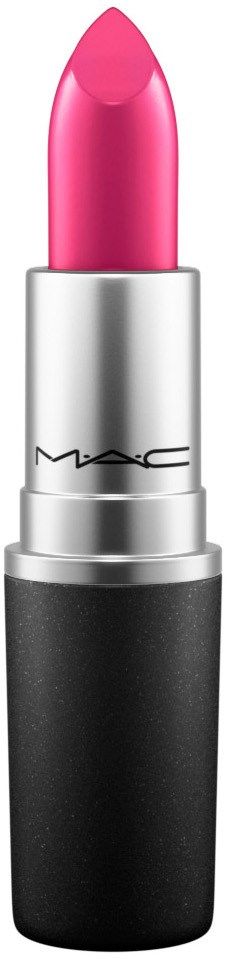 A pink lipstick in a silver and black tube with the MAC logo.