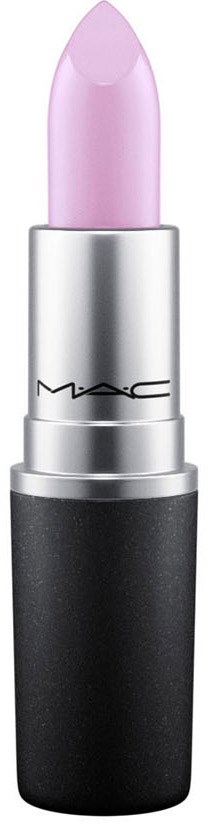 A pink lipstick in a black and silver tube with MAC logo. The lipstick is slightly opened and ready to use.