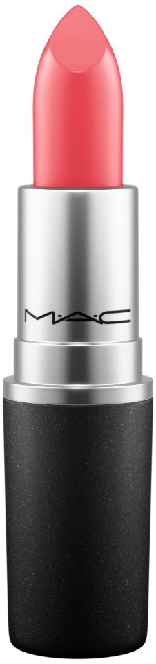 A lipstick in a silver and black case, with pinkish shade. The lipstick is extended, showing the brand name MAC.