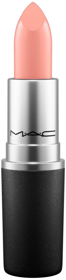 A beige lipstick in a silver and black tube with the MAC logo.