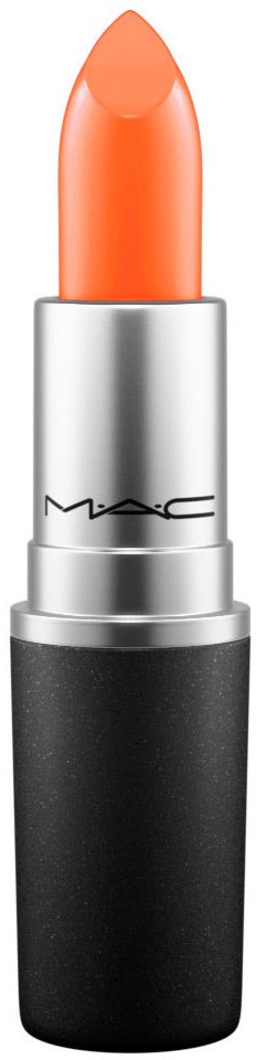 A lipstick with a light orange shade in a silver and black case. The MAC logo is visible on the silver part.