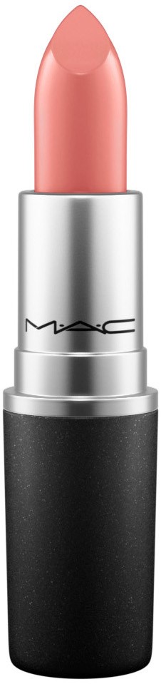 A lipstick in a black and silver case with a soft pink shade.
