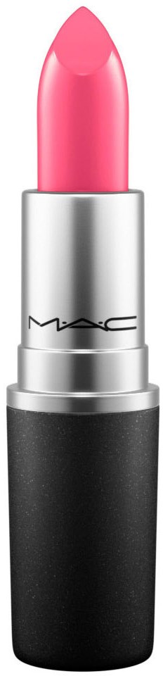 A pink lipstick with a silver and black case, standing upright.