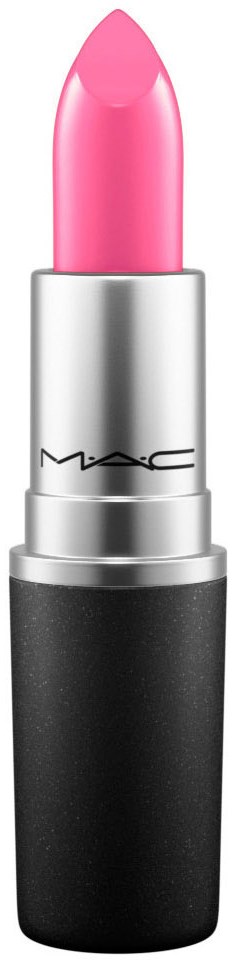 A pink lipstick in a black and silver tube, with the MAC logo visible on the silver part.