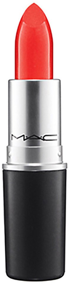 A red lipstick in a silver and black tube, standing upright.
