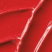 Bright red lipstick swatch on lips, glossy and smooth surface, looks shiny and well-applied.