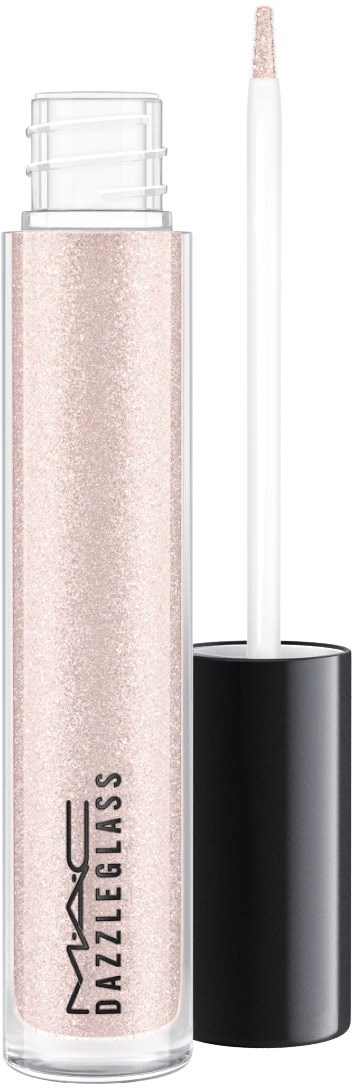 Ein glitzernder Lippen-Gloss mit weißem Applikator und schwarzem Deckel.