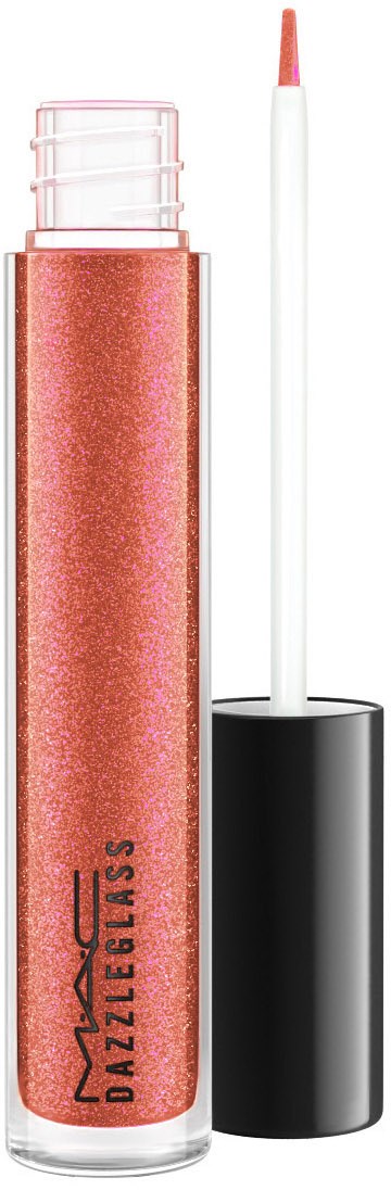 En leppestift med rosa shimmer, svart kork og en hvit påføringsstang.
