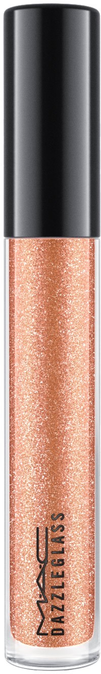 Roze glitterende lipgloss-buis met zwarte dop, gemarkeerd 'MAC DAZZLEGLASS'.