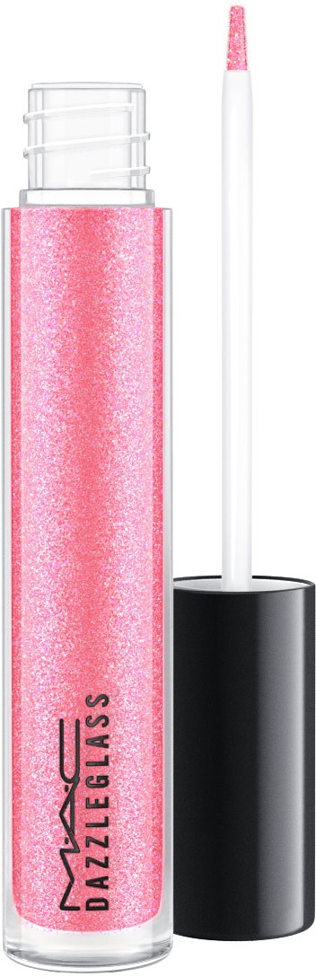 En rosa glitter leppglansrør med svart lokk og en hvit applikatorstang.