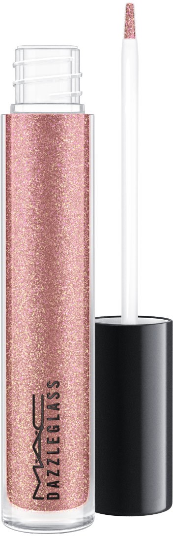 En glitteraktig rosa leppeglossetube med svart lokk og hvit påføringsstokk.