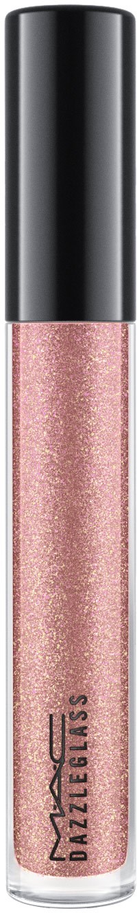 En tube med rosa glitter leppepomade med svart lokk fra MAC DazzleGlass.