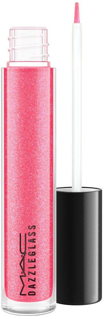 Pink leppeglossrør med klar hette og svart lokk, med MAC-logo.