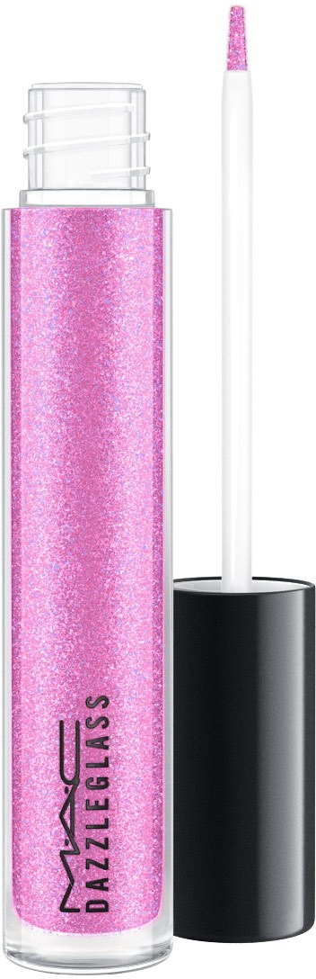 En rosa glitter lipgloss-flaske med MAC-logo og en hvit applikatorstang.