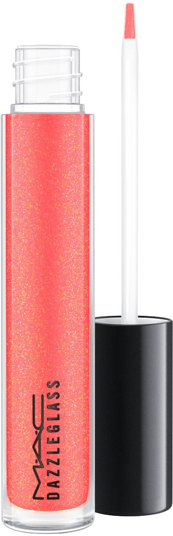 Leppeglansrør med svart lokk og hvit applikator. Røret er rosa med MAC-logoen.