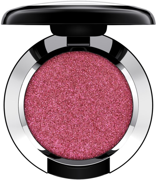 A pink glittery eyeshadow in a round compact case with a black lid.