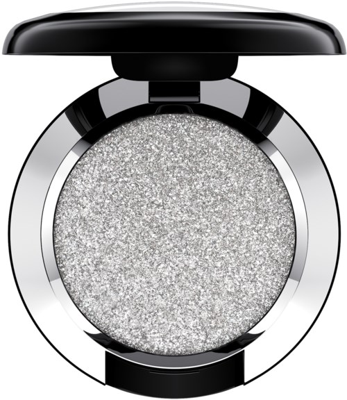 A round silver eyeshadow with a glittery surface and black plastic casing.