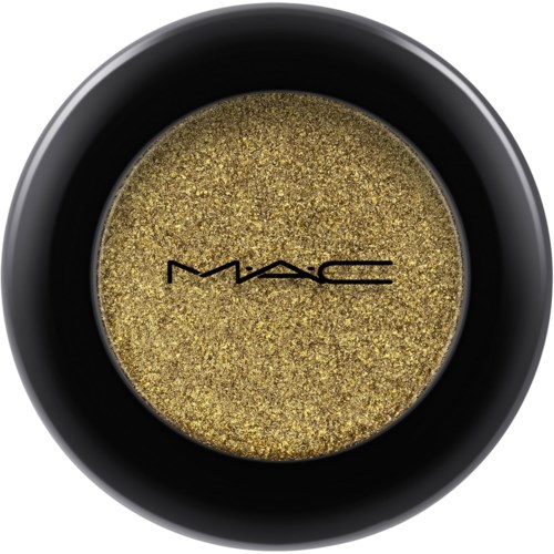 A round black container of gold-colored, glittery eye shadow with MAC logo in the middle.