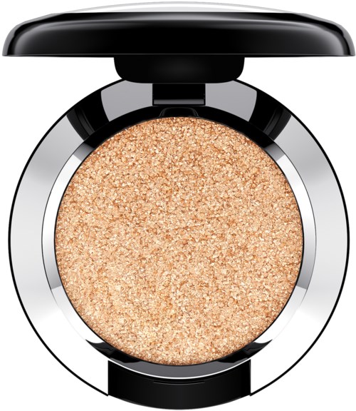 A round makeup compact with a shimmery beige eyeshadow inside, and a black lid partially open.