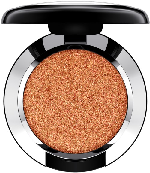 Ein runder Lidschatten-Compact mit glitterndem gold-orange Puder und schwarzem Deckel.