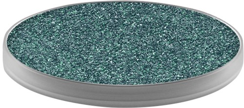 En glitterig, rund makeup-spegel med vit bas och en glittrig turkos yta.