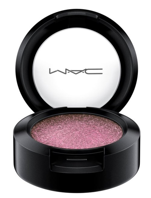 Rosa glittrande ögonskugga i en svart rund förpackning med spegel. Lockets har MAC-loggan.