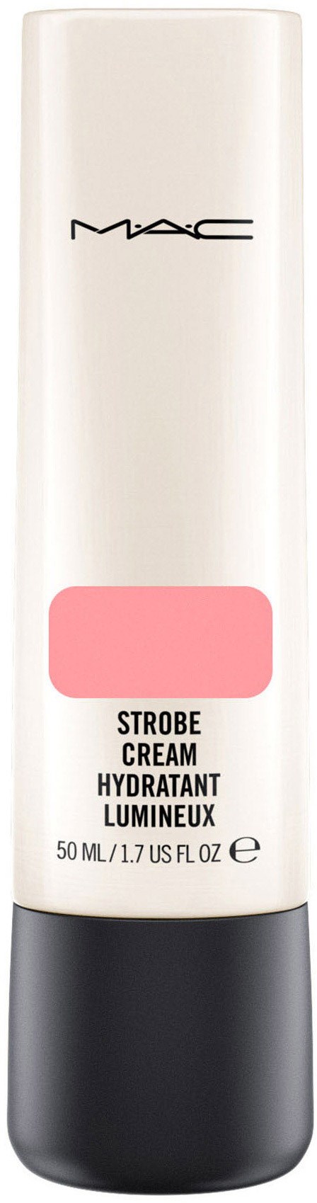 Rurka MAC strobe cream z różową etykietą i czarną zakrętką, używana do rozświetlenia skóry.