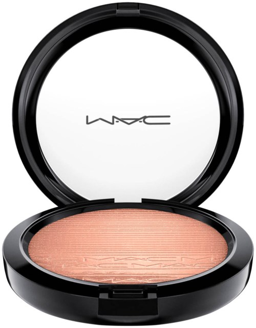 Ein schwarzer runder Make-up-Deckel mit Spiegel und pfirsichfarbenem Rouge. MAC ist auf dem Spiegel.