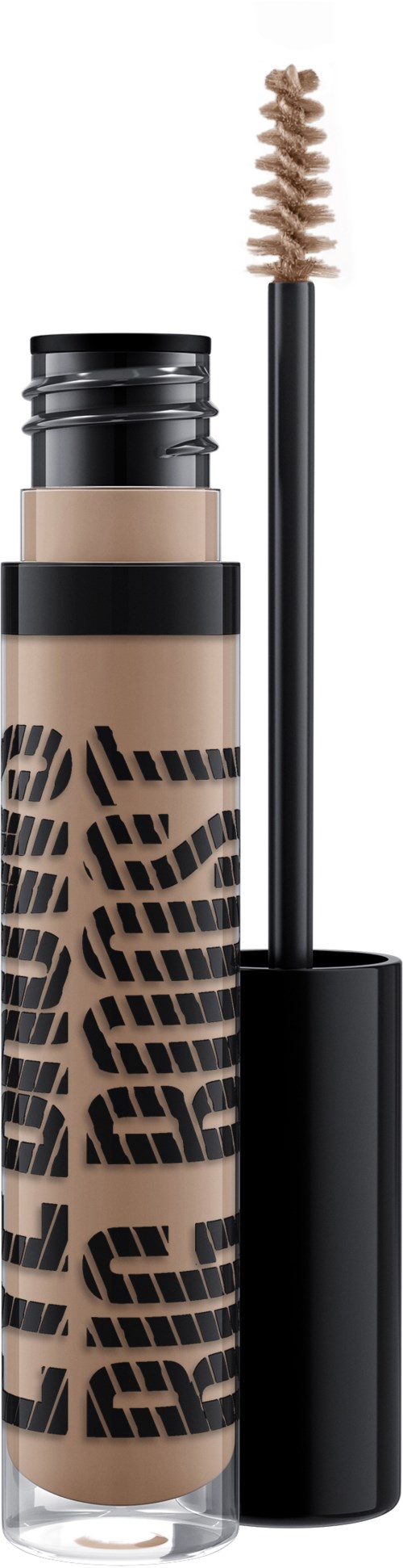 A concealer tube with a brush applicator, labeled with black text, shows beige liquid inside.