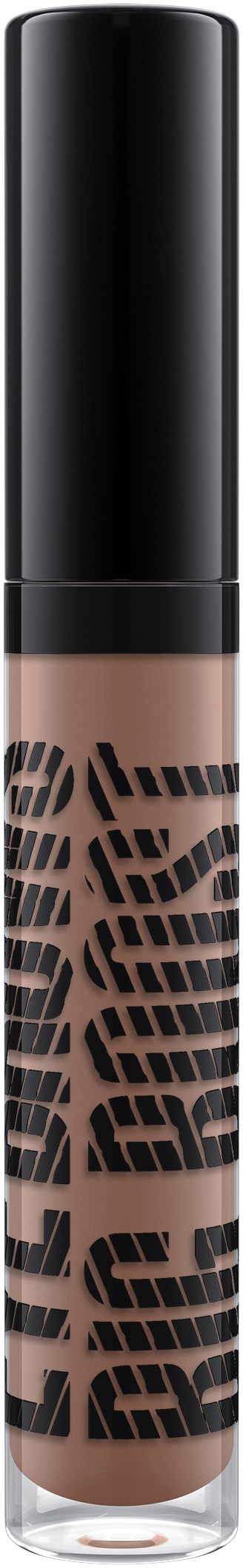 A makeup concealer with a black cap and beige-brown body featuring black abstract text design.