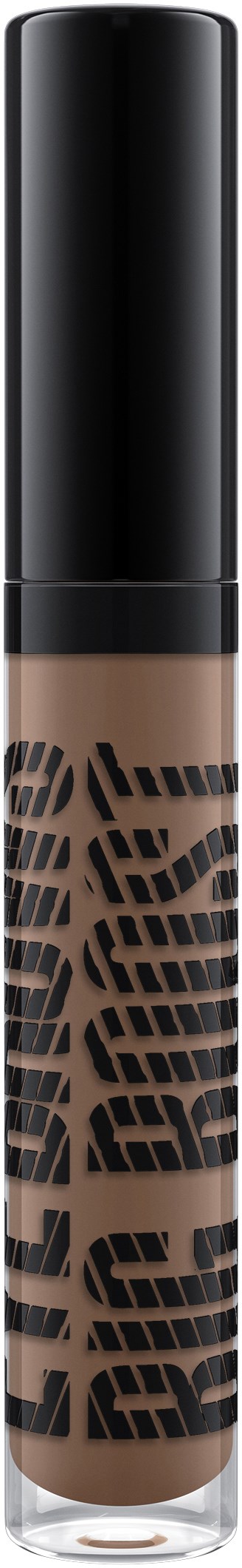 A tube of concealer with a black cap and bold black lettering on the body, set against a black background.