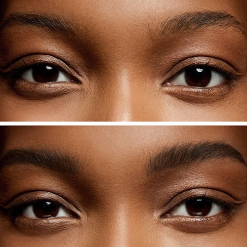 Two close-up photos show eyes, one with natural eyebrows, the other with groomed and styled eyebrows.