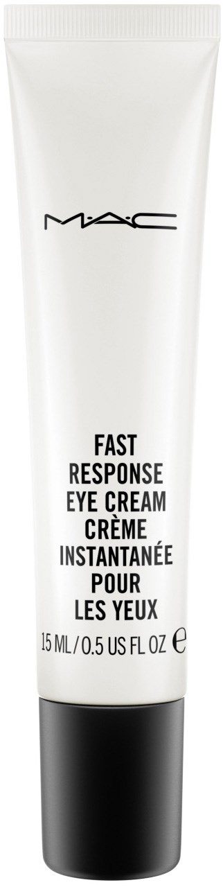 Een witte en zwarte tube met MAC oogcrème en tekst die het doel en de grootte beschrijft.