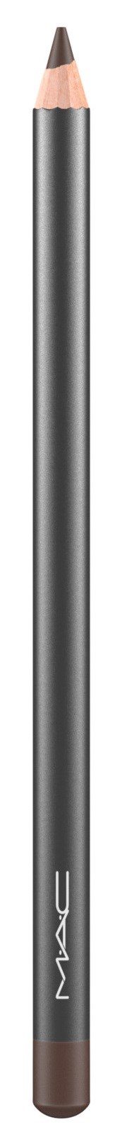En grå sminke eyeliner formet som en blyant med svarte og brune ender og MAC-logo nederst.